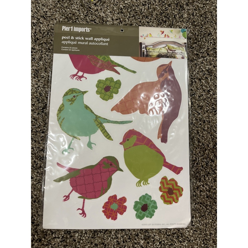 Pier 1 Imports 22 Piece Bird Pink Green Peel and Stick Wall Appliqué Decal NEW